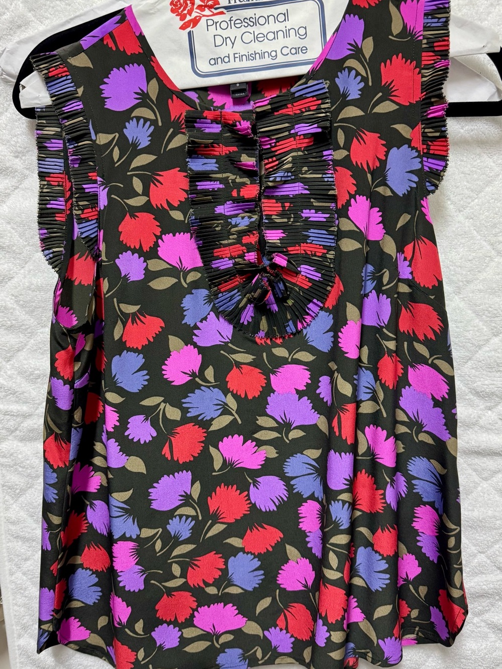 J. Crew Black Sleeveless Top with Red and Purple Floral Pattern